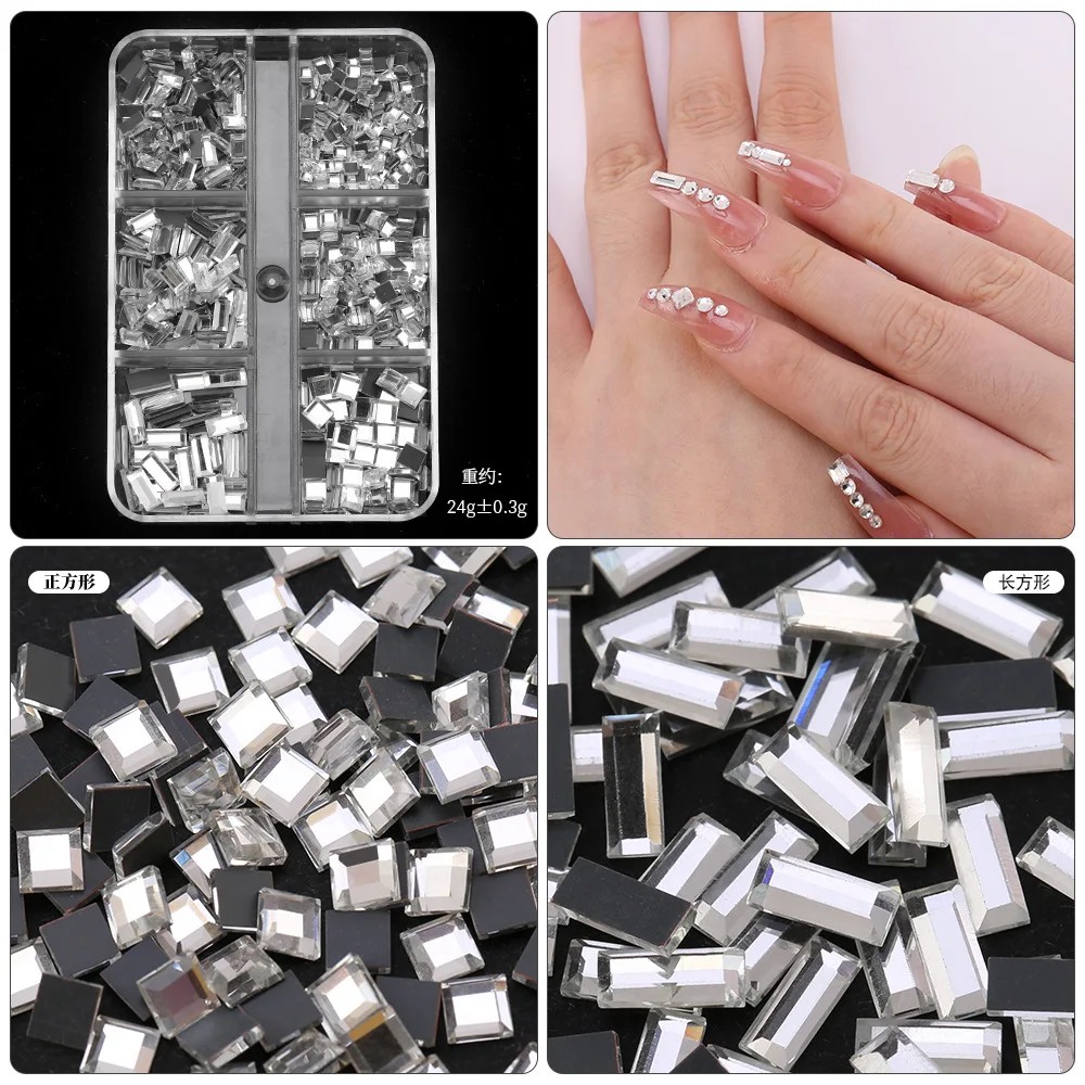 600/1000/1728PCS Glitter Flatback Round Diamonds Mirror Square Rectangle Jewelry Acrylic Nail Art Rhinestones Manicure Charms