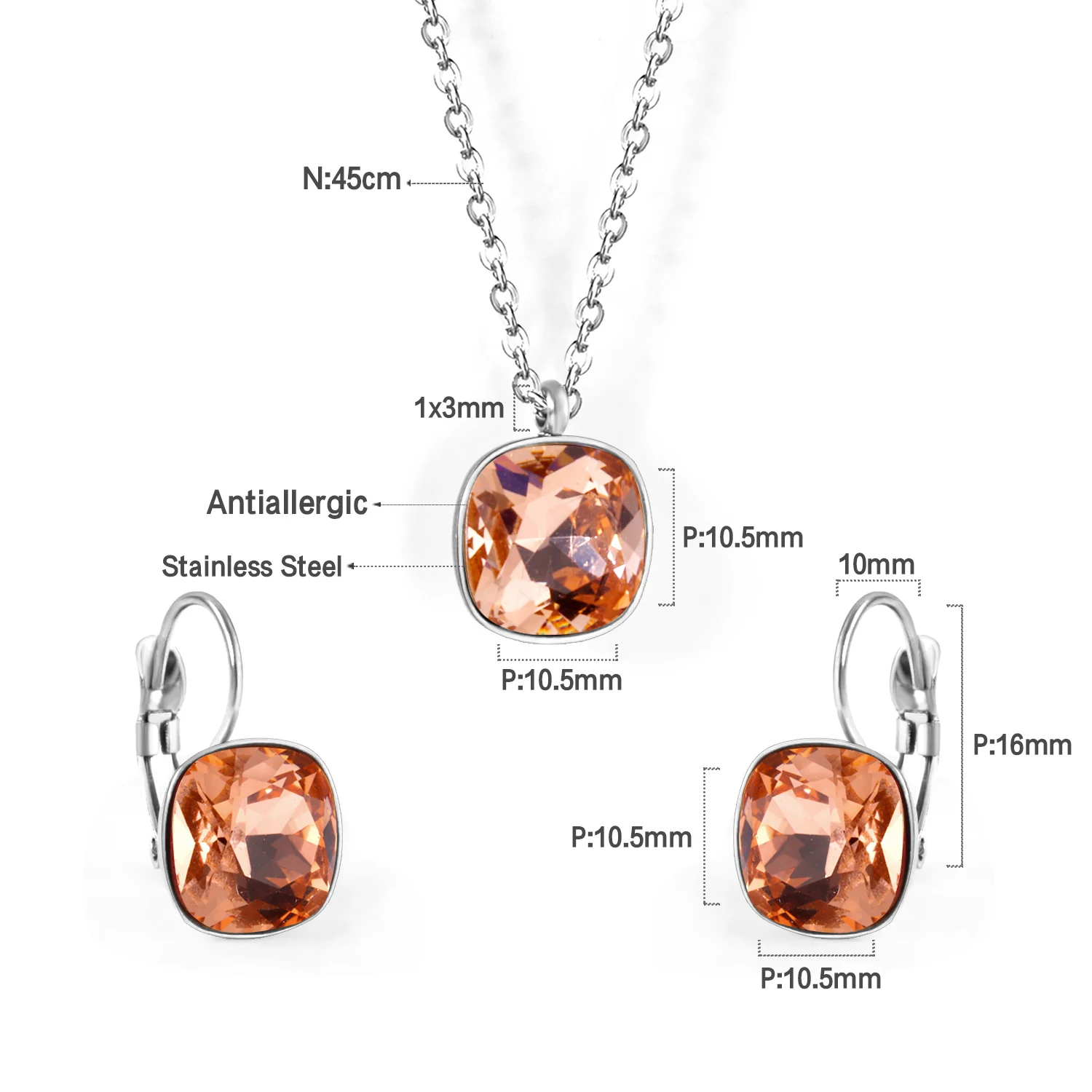 Square Zircon Necklace & Earring Set, Minimalist Elegant Jewelry