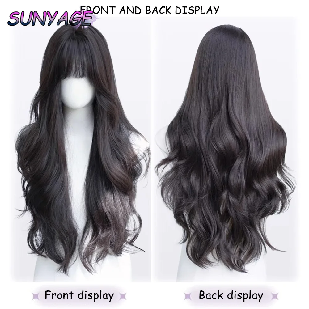 SUNYAGE wig sintetik panjang keriting, gelombang dengan hitam untuk wanita keren coklat harian Cosplay rambut palsu tahan panas