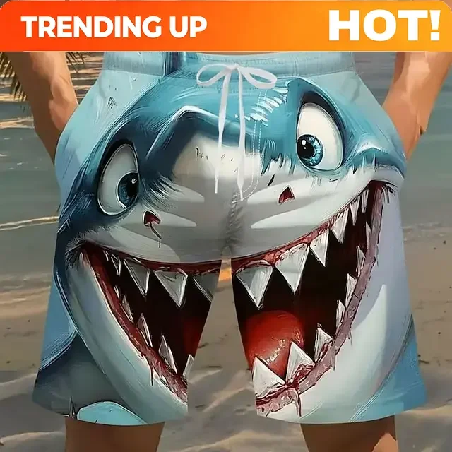 Customization Men's Funny Cartoon Shark Print Beach Shorts 3D Crazy Shark Graphic Quick Dry Swim Trunks For Summer Beach Surfing