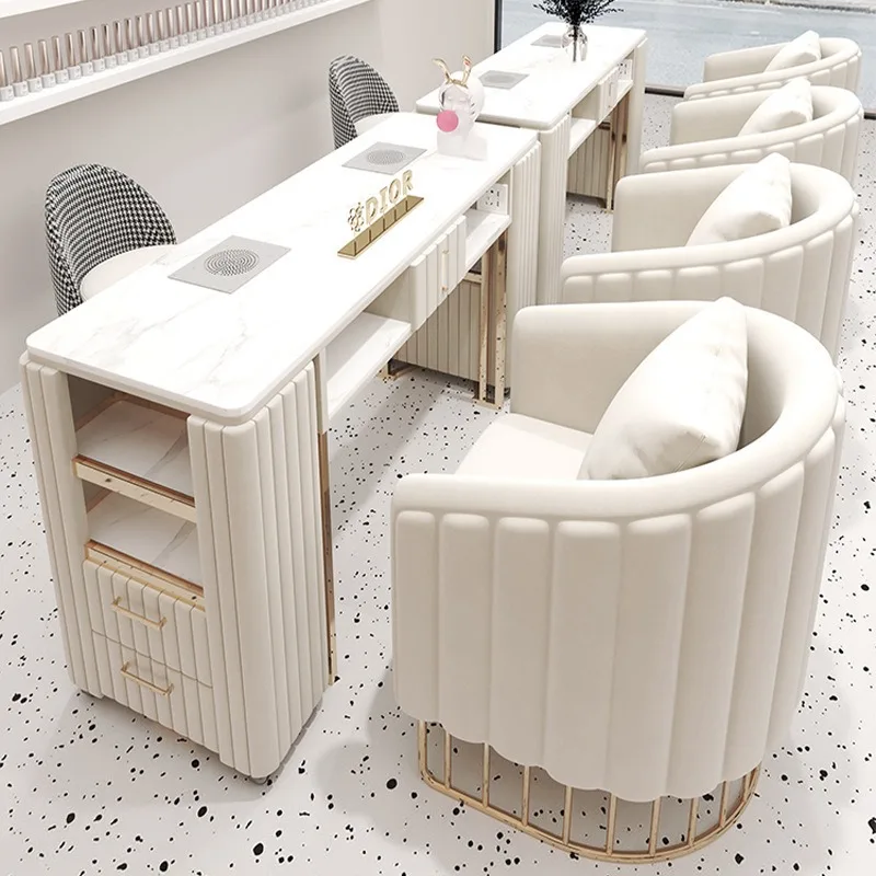 Nail Art Table Chair Set Double Marble Makeup and Manicure Table