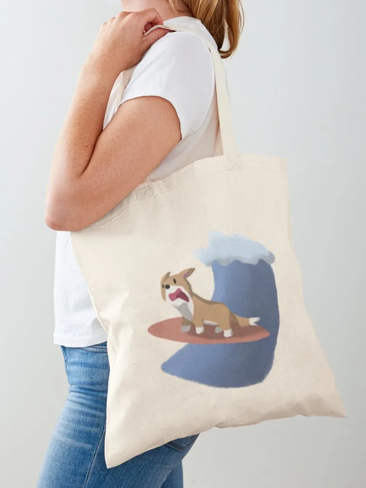 

corgi dog on a surfboard Tote Bag shopping bags foldable Canvas stote bag bags luxury women Women's beach bags