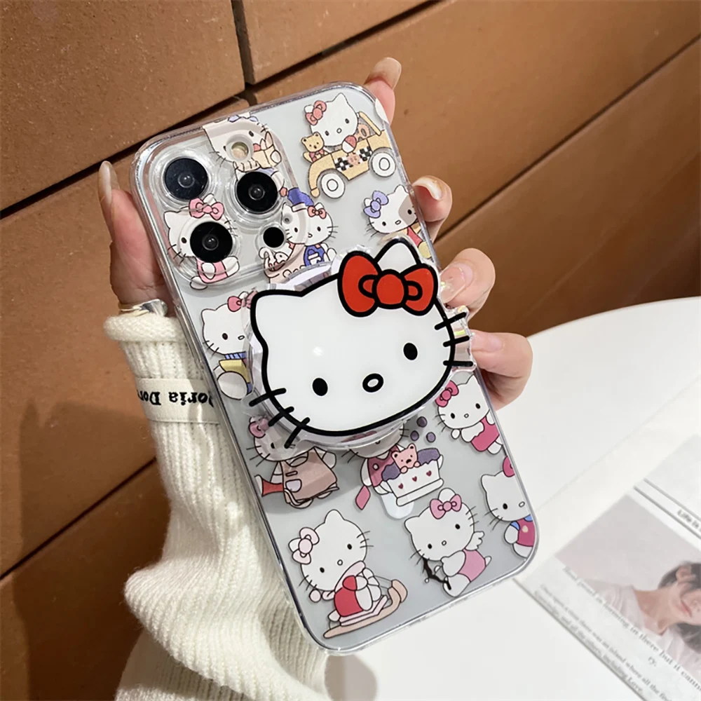 Cartoon Hello Kitty for Magsafe Magnetic Bracket Phone Case for IPhone 16 15 14 13 12 11 Pro Max Plus Anti-fall Clear Back Cover