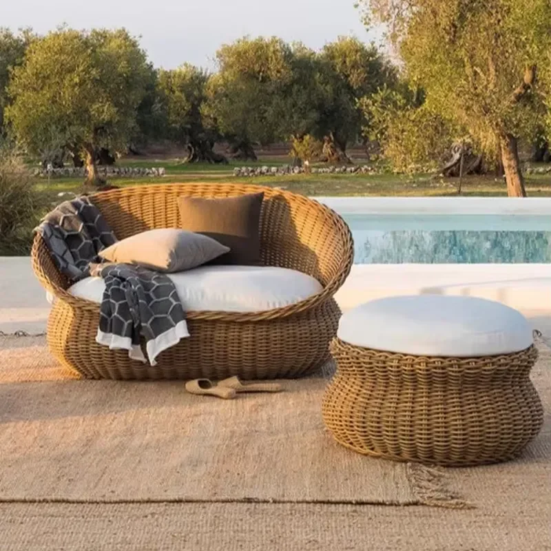 Rattan Three-piece Sofa Set with Reclining Chair European Style Waterproof Outdoor Garden Furniture for Living Room &