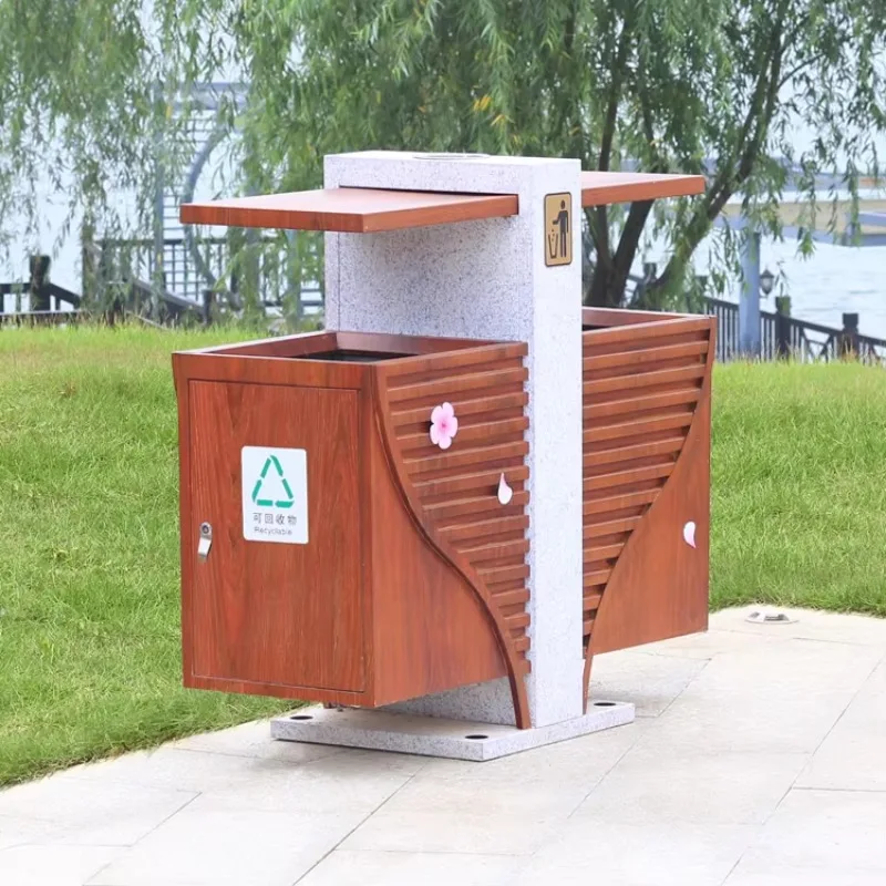 Dual Wood Grain Modern Garbage Bins Classified Galvanized Steel Dustbin Metal Garden Park Outdoor Trash Cans