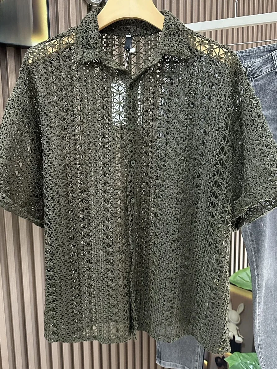 Sexy Hollow out Knitted Cardigan Men's Twist Rope Green Short Sleeve Shirt Southeast Asia Mesh See through Wool Shirt