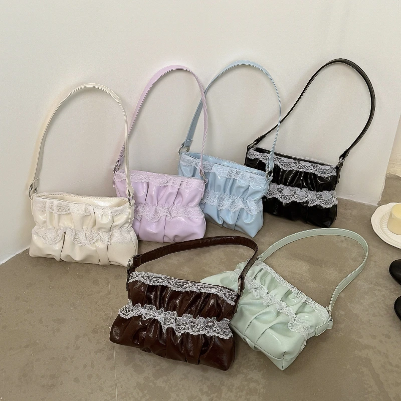 New Fashion Women Shoulder Bag High Quality PU Lace Girly Ruffled Cloud Underarm Bag Versatile Macaron Color Tote Handbag
