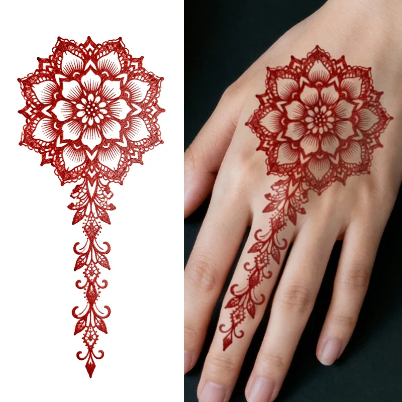 

Наклейка с мандалой в стиле дофаминовой эстетики - потрясающая татуировка с красными линиями и изящными узорами, временный боди-арт для ног/рук