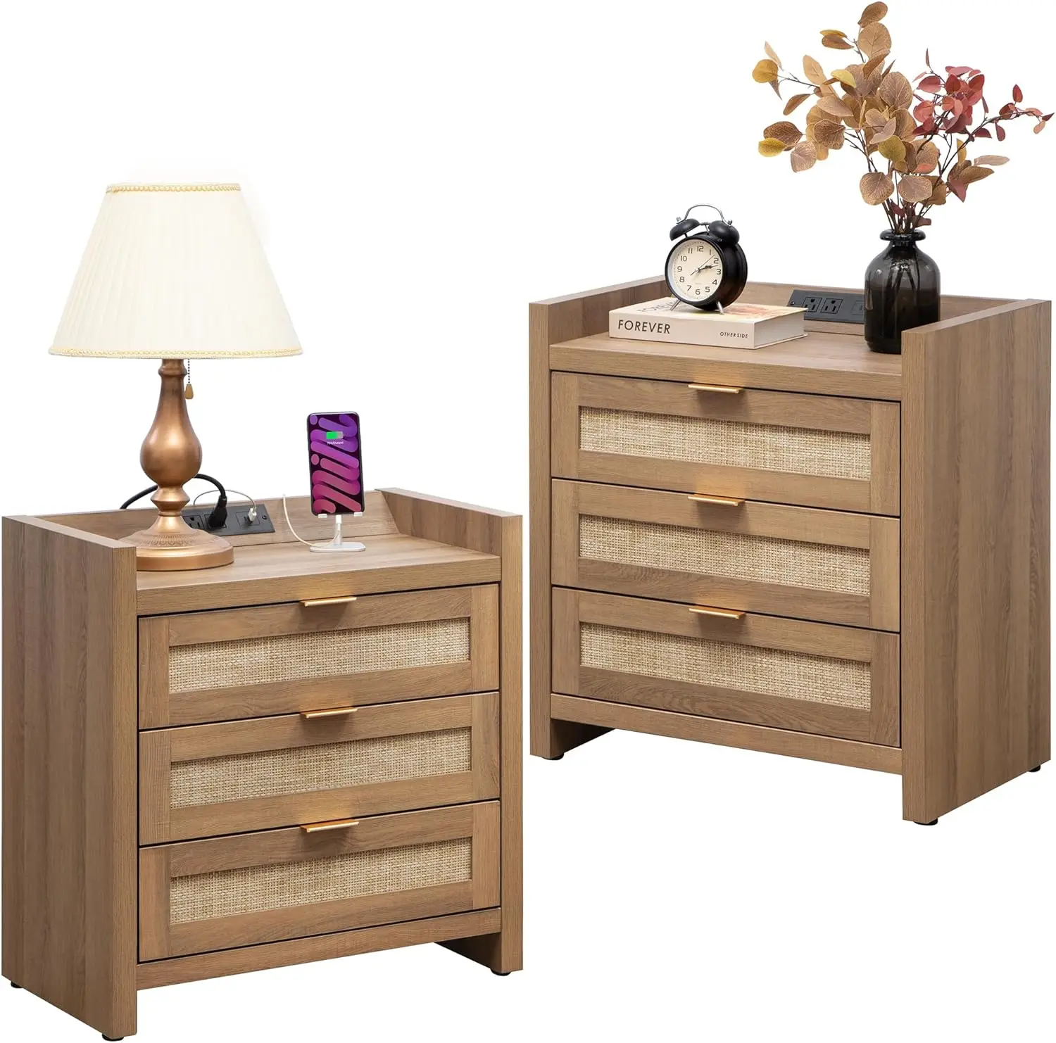 Rattan Night Stand Set of 2 Tall Nightstands with Type C Charging Station 3 Rattan Storage Drawers Larger Wood Bedside Table