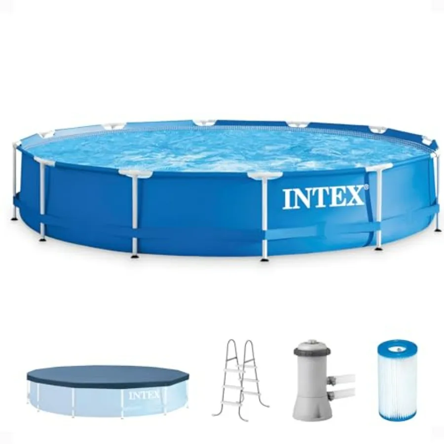 Outdoor above ground swimming pool set: round metal frame, 12' x 30, blue, rust-resistant steel construction with filter pump,