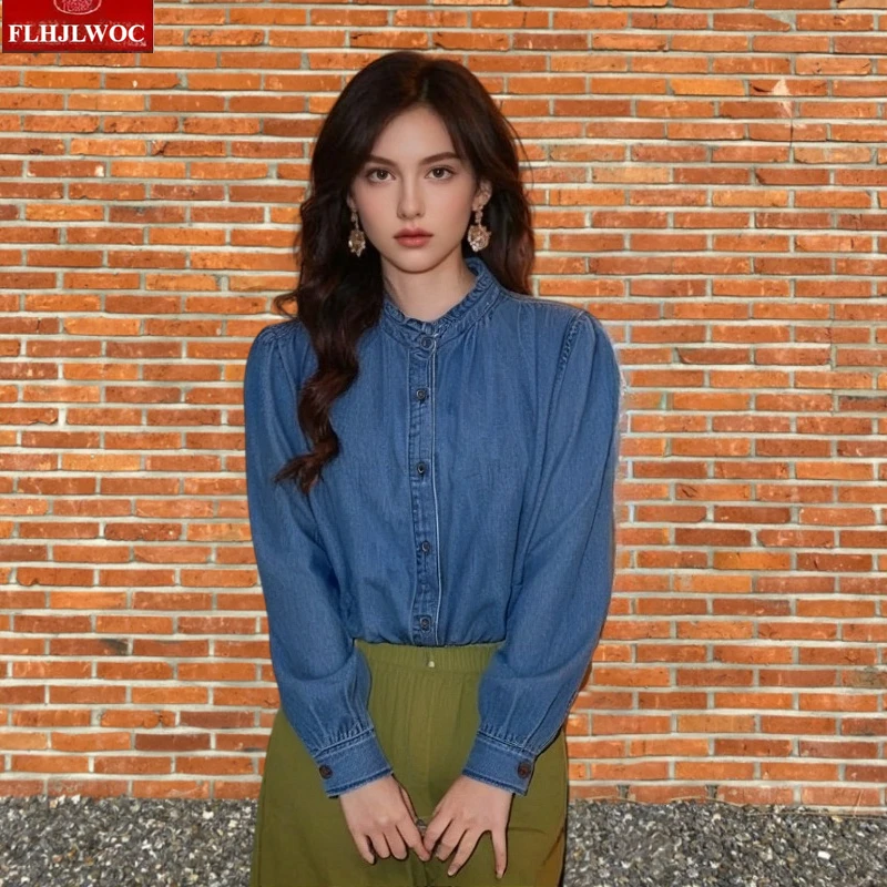 

Джинсовые топы в европейском стиле ретро, свободная верхняя одежда, новогодняя весна, женские повседневные джинсовые рубашки с длинным рукавом и воротником-стойкой, синие джинсовые рубашки