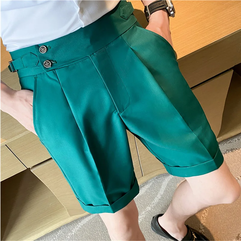 British Style Summer Men Suit Shorts Fashion Belt Design Slim Fit Short Pant Formal Social Wedding Party Knee Length Short Pants