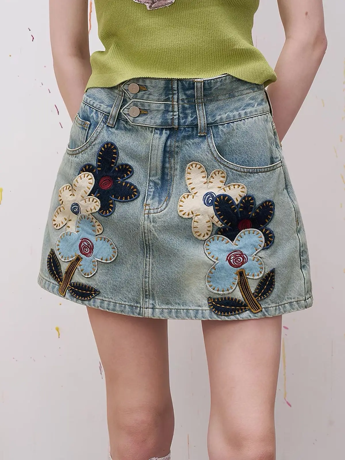 Y2K American Cartoon Flower Patch Embroidery Denim Skirt A Line Short Summer Design for Women