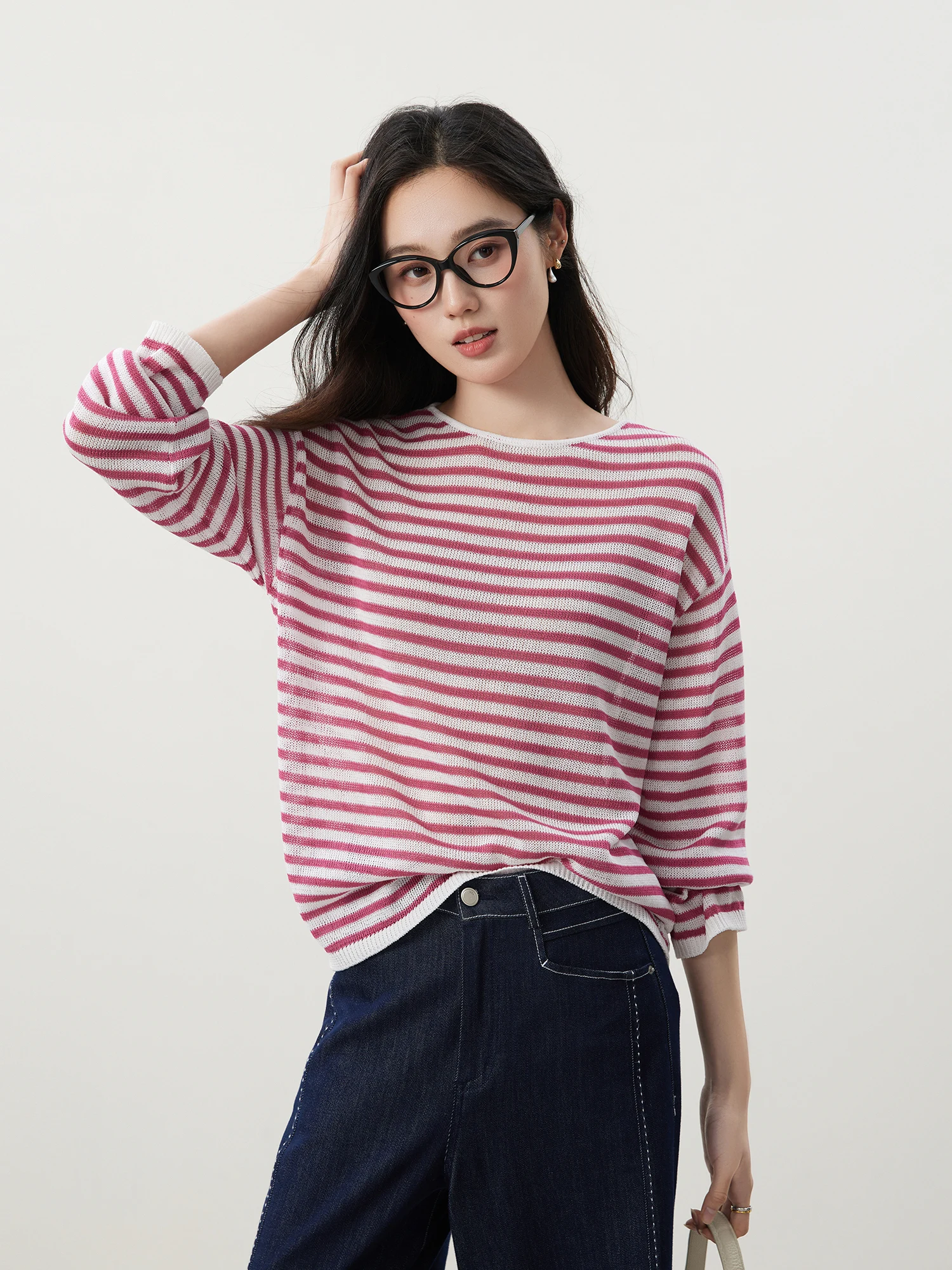 

Повседневный льняной свитер из лиоцелла с горизонтальными полосками, тонкой вязки, весна-лето, женский, 26 Spring Ele Sle L