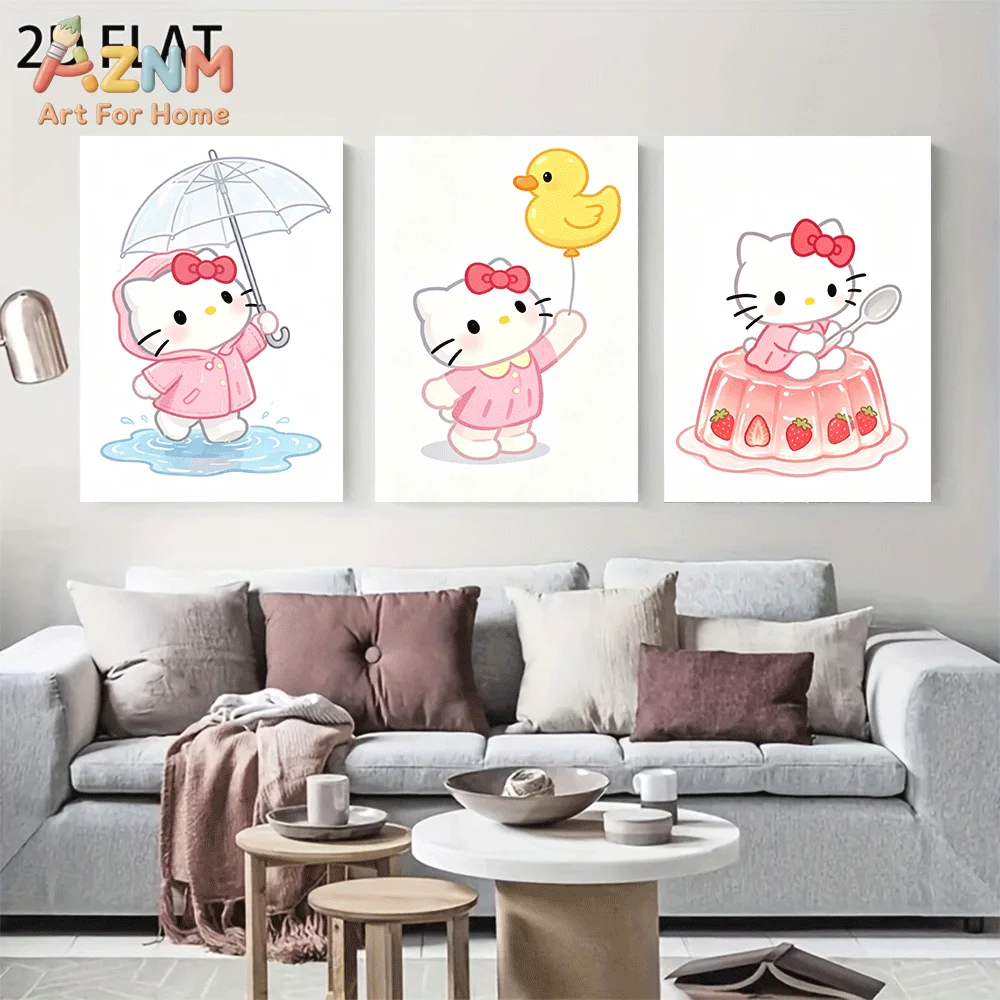 AZNM Hello Kitty Canvas Wall Art Unframed Cute Cartoon Print Poster Umbrella Rubber Duck Balloon Strawberry Jelly Pink Bow Desig