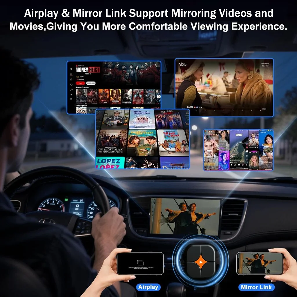 4-in-1 Wireless CarPlay Adapter with Screen Mirroring, Watch Netflix/YouTube in Car, Android Auto AirPlay Mirror Link