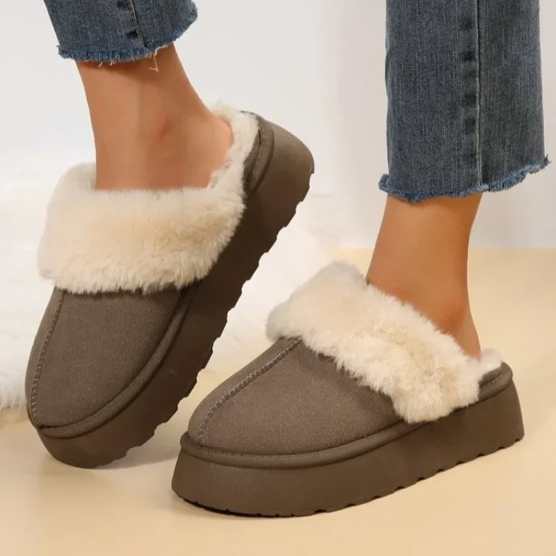 Winter Fur Snow Slipper Women Korean Simple Platform Slippers Long Plush Warm Soft Indoor Thick Sole Footwear Cotten Shoes