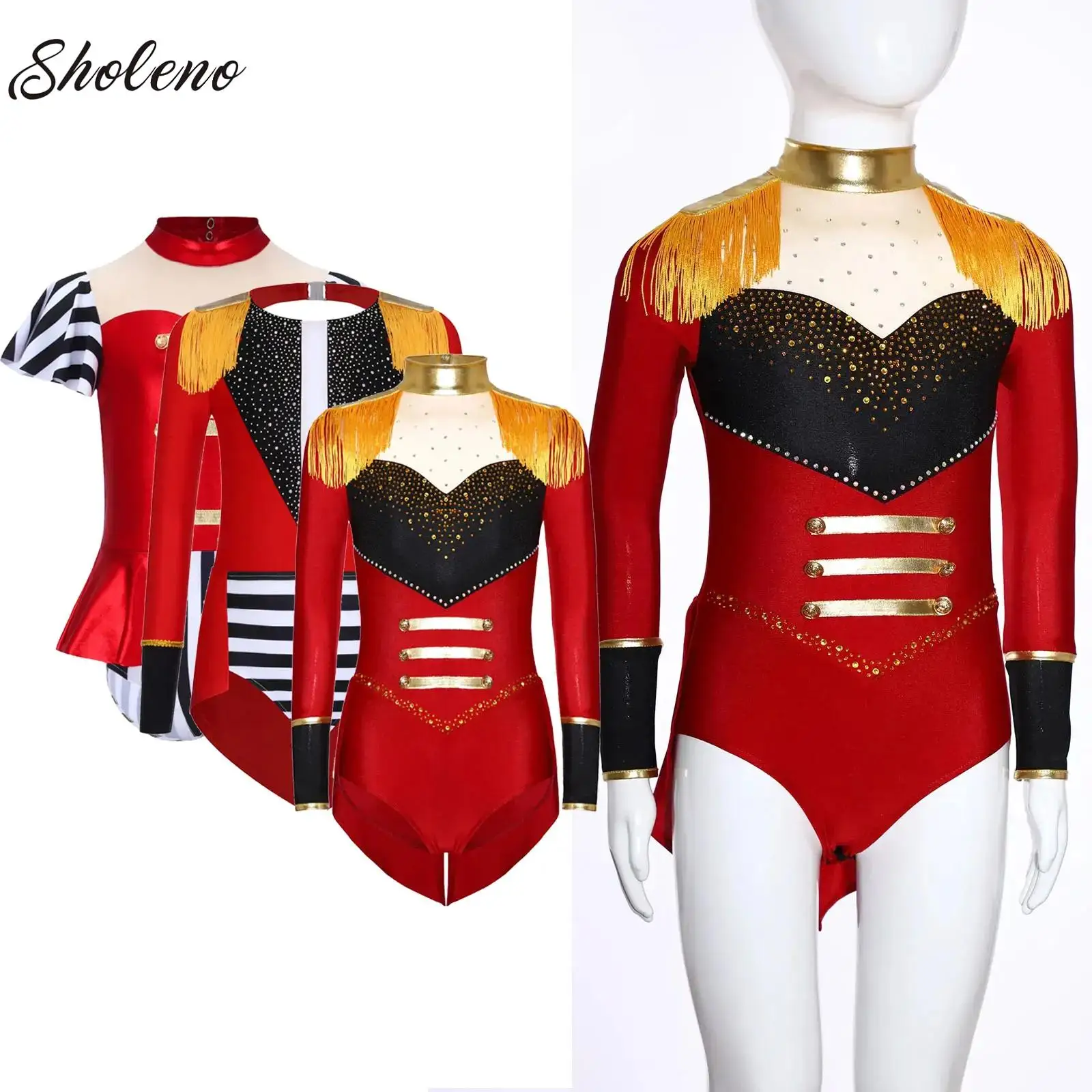 

Girl Circus Costume Ringmaster Skirted Tutu Leotard Dress Festival Long Sleeve Fringed Shoulder Halloween Fancy Dress Up Clothes