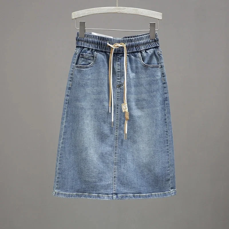 Korean Lady Large Size 5XL Denim Maxi Skirt Spring Summer Women Lace Up Jeans Long Skirts Femme In Half Body Cowboy A-line Skirt