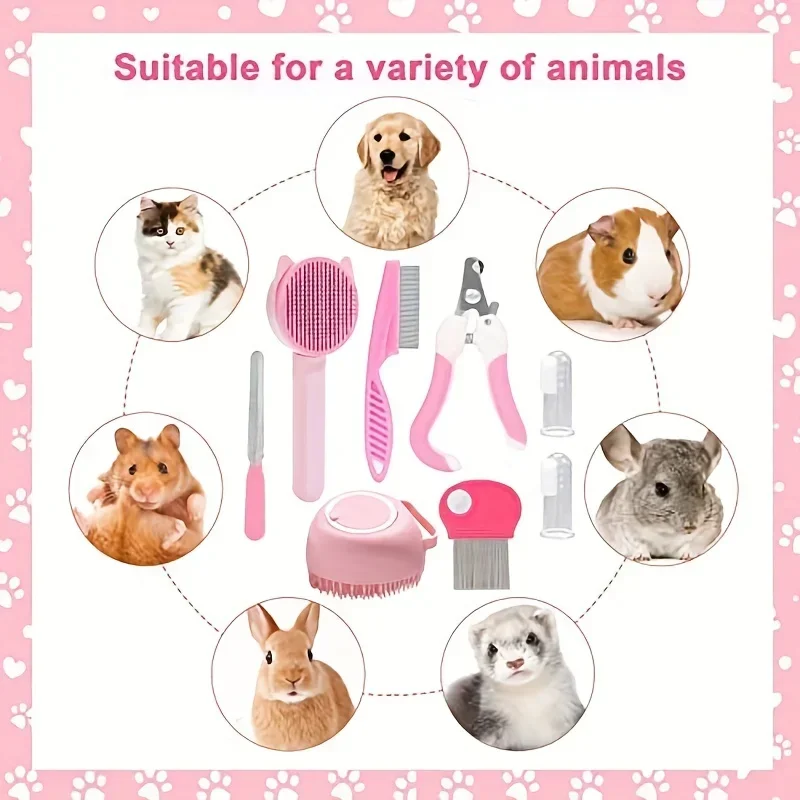7Pcs Pet Grooming Kit: Self-cleaning brush, flea comb, bath brush, nail clippers & file for cats & dogs