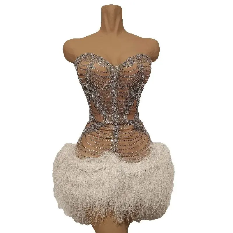 Vrouwen Strass Feestjurk Jazzdans Veren Jurk Zanger Party Prestaties Festival Outfit Podium Vieren Slijtage XS10755