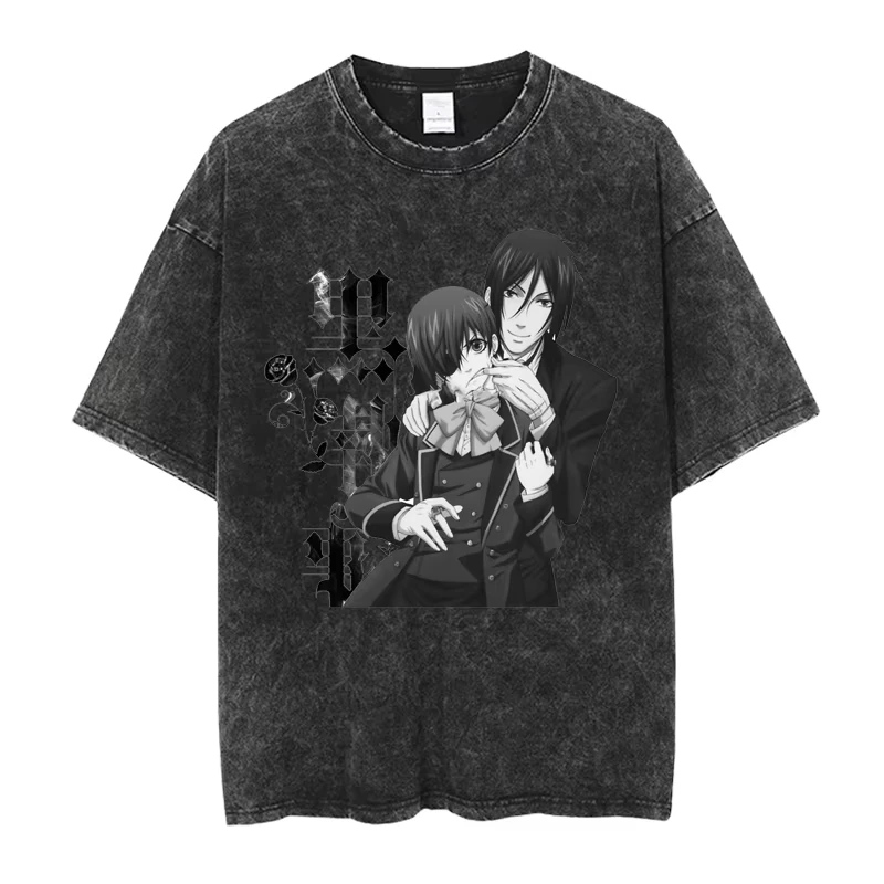 Black Butler Sebastian Michaelis Anime Manga T-shirt Women Cotton Vintage Washed Cool Graphic Print Short Sleeve Harajuku Top