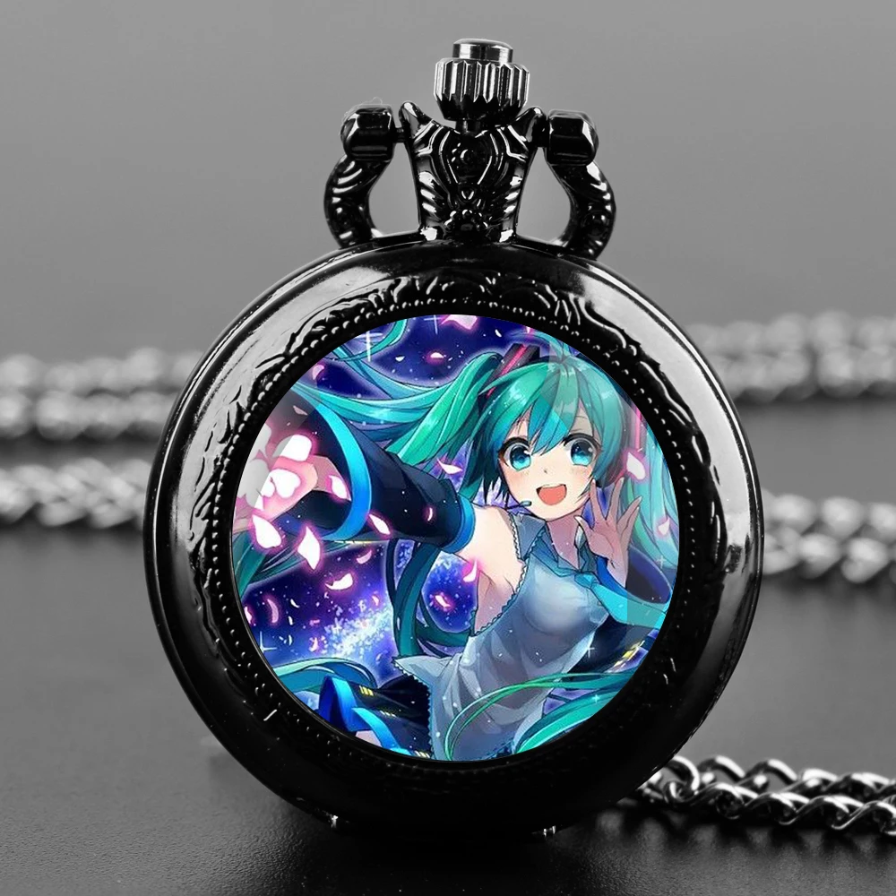 

Japan Anime Miku Glass Dome Quartz Pocket Watch for Women Men Black Necklace Unique Pendant Clock Chain Watch Gift Accessories