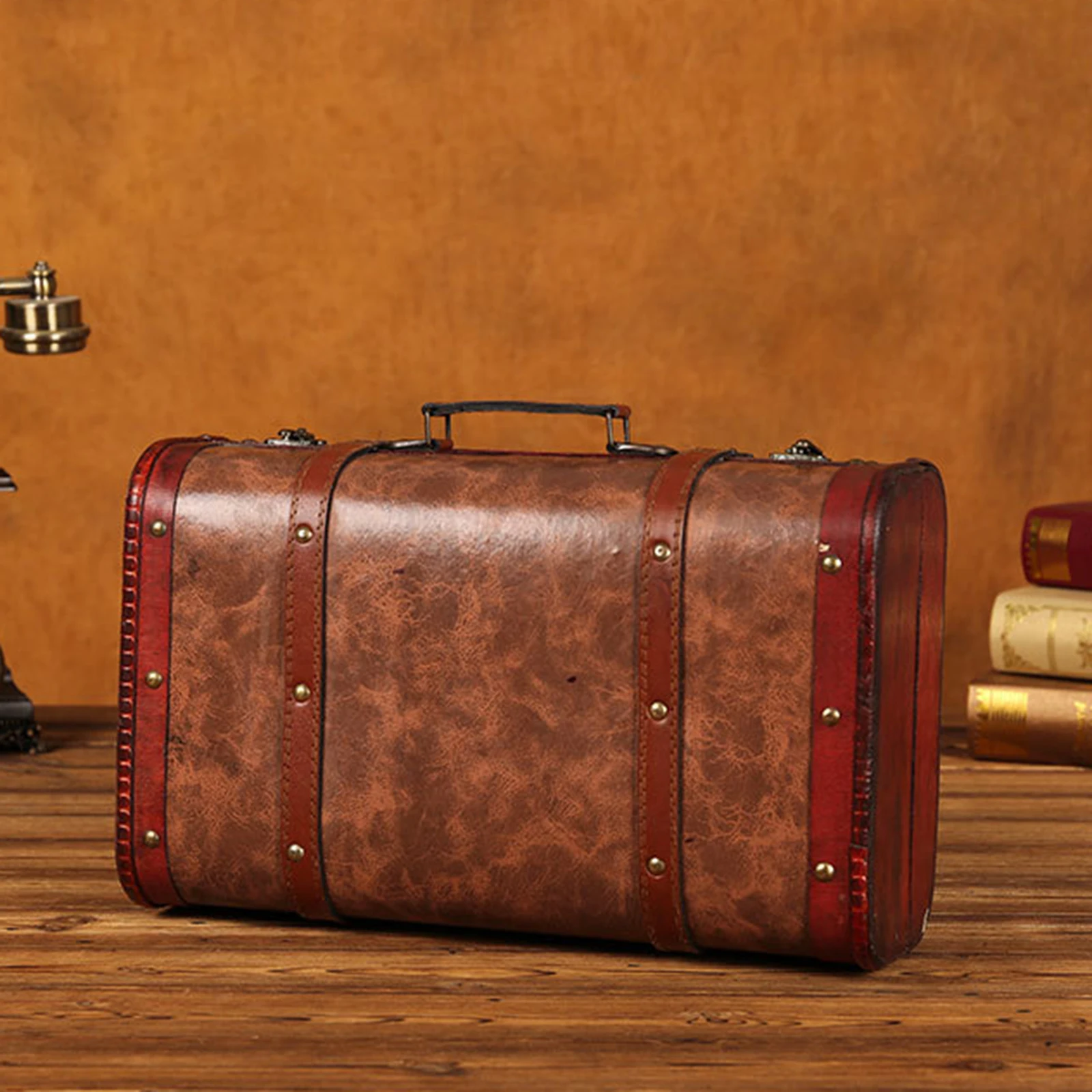 Vintage Suitcase with Handle Ornaments Antique Photo Props Decorative Chest Wooden Treasure Chests for Shop Window Bedroom Home