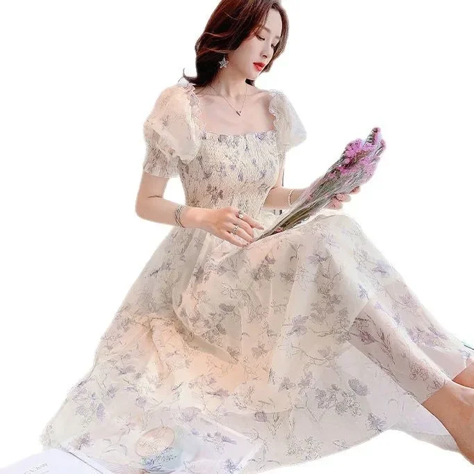 Summer New Style French Watercolor Bubble Sleeve Slimming Floral Chiffon Dress Women's Fashionable Empire Waist Gown