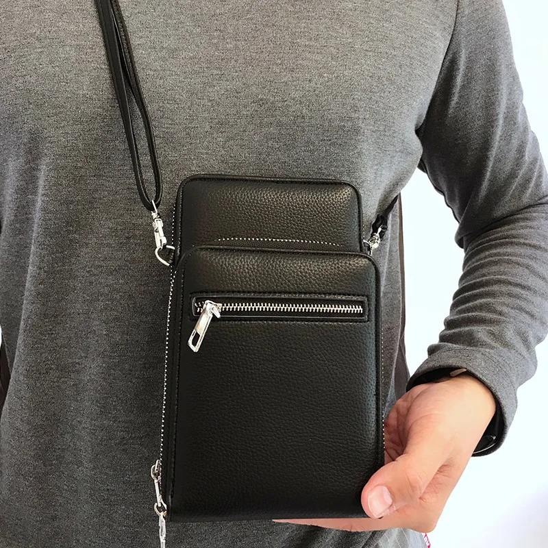 Klasyczny czarny 2023 Trend męski miękki skórzany mała na ramię Crossbody torba na suwak portfel przy telefonie kieszonkowy uchwyt na karty z długi pasek