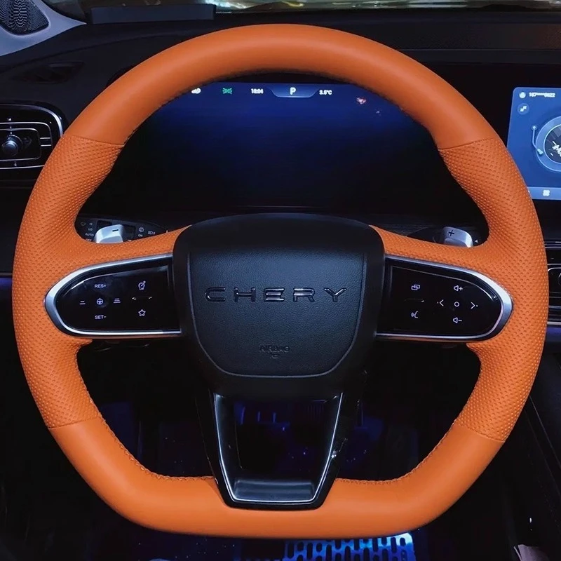 

Сшитый вручную оранжевый чехол на руль из натуральной кожи для Chery Arrizo 5x 3x Tiggo 7 Plus Tiggo 8 Pro, автозапчасти