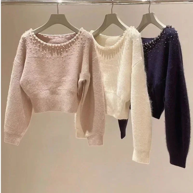 Long Bat Sleeve Ropa Mujer Japanese Pearl Sweater Spring Womens Clothing  Round Neck Pullover Tops Gentle Women Knitwears