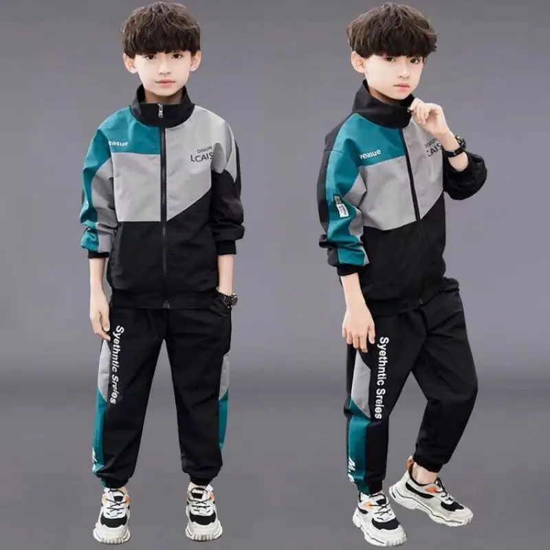 Teenage Boys Autumn Clothing Set Patchwork Sportswear Suits with Zipper Fashion Big Boy Outfit for Birthday Parties Kids