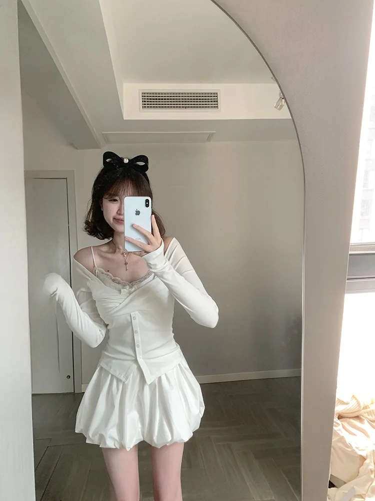 

Женский облегающий топ-накидка CallmeEar Pure Desire Spring с длинным рукавом, кружевными вставками и бретелями, из эластичного полиуретанового волокна