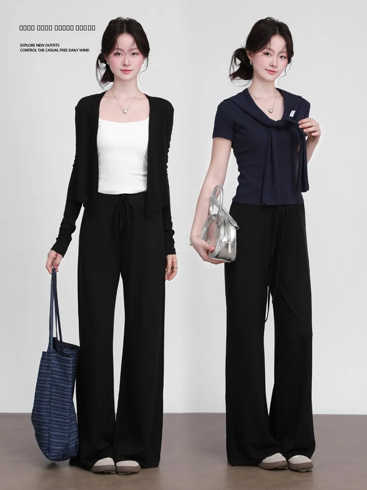 

Женские летние повседневные брюки с высокой талией, прямые широкие штанины, длина в пол, струящиеся, черные, стройнящие, прямого кроя