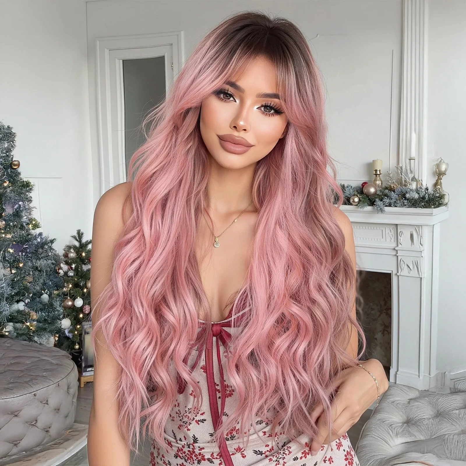 

Christmas Long Water Wave Wigs Pink Obmre Synthetic Medium Part Wig Halloween Cosplay Daily Party Wig for Women Heat Resistant