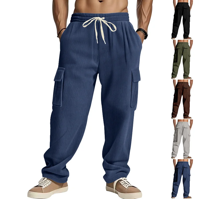Heavyweight American Vintage Cargo Pants Men Multi Pocket Loose Wide Leg Drawstring Tie Solid Color Straight Leg Casual Trousers