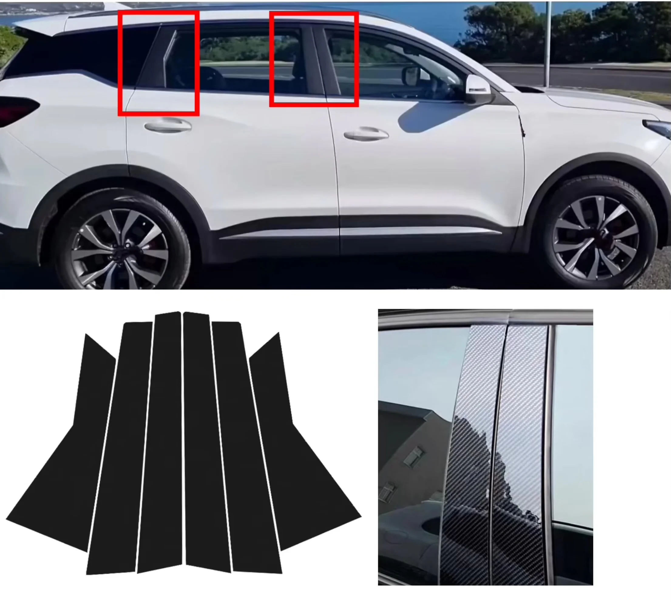 6PCS Gloss Black  Pillar Posts Silver Carbon Fit For Chery Tiggo 7 2014-2019 2015 Window Decor Door Side Mouliding Trim Cover