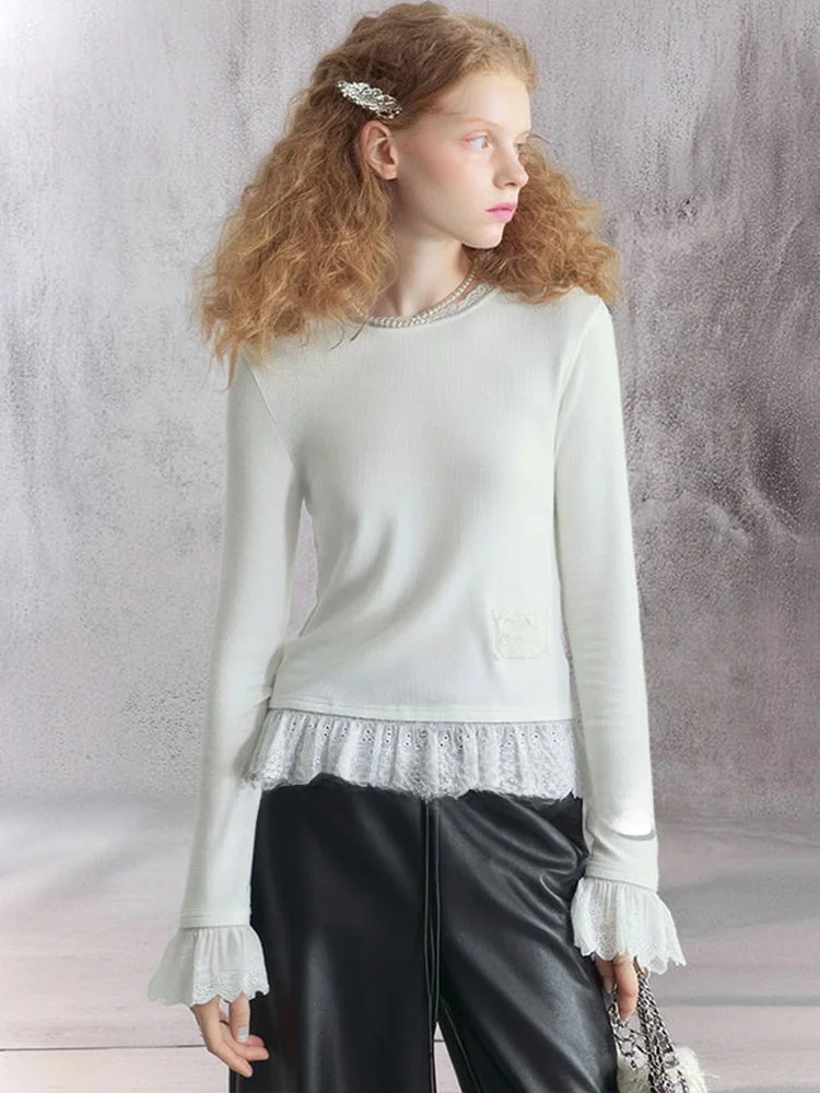 

Gentle White Lace Splice Long Sve T-irt Slim Fit Base irt Winter New Sle Zhouda Women's Faion Breathable Skin-Frie...