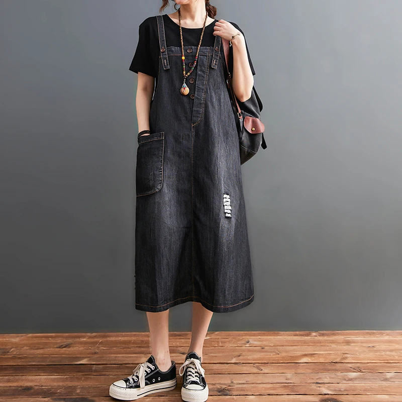 

Summer Black Big Pockets Loose Strap Denim Dress Women Asymmetrical A-line Midi Jeans Dresses Ladies Casual Buttons Vestidos