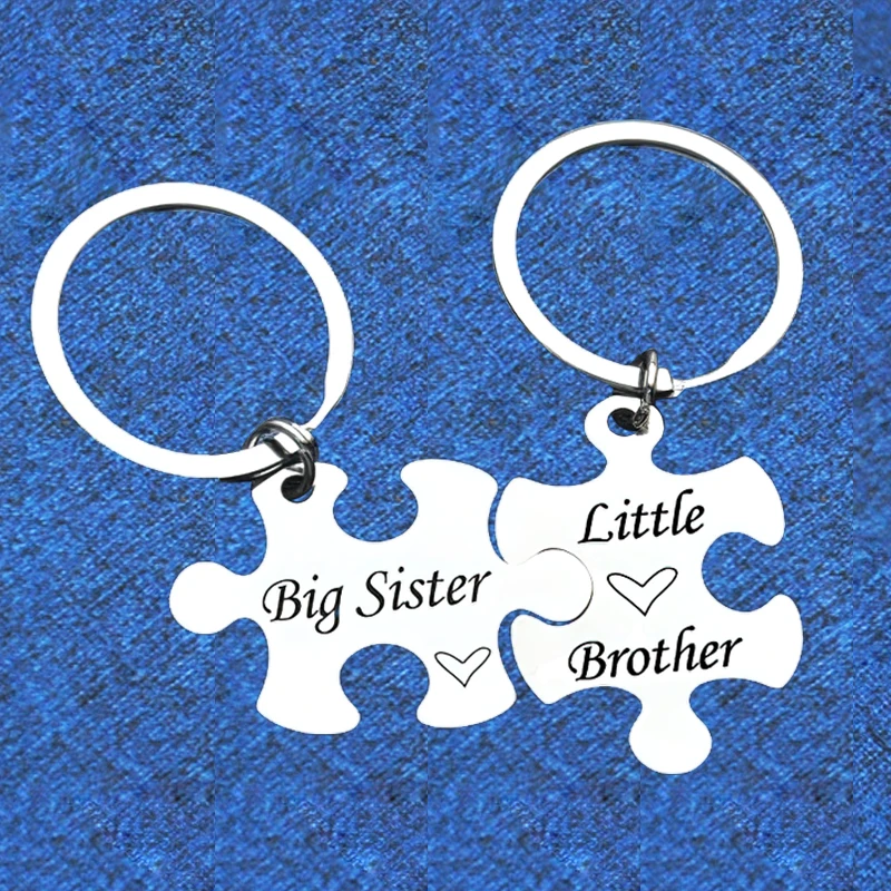 2PCs Brother Sister Keychain Pendant Metal Family Sibling Puzzle Key Chains Keyrings Big Sister Little Brother