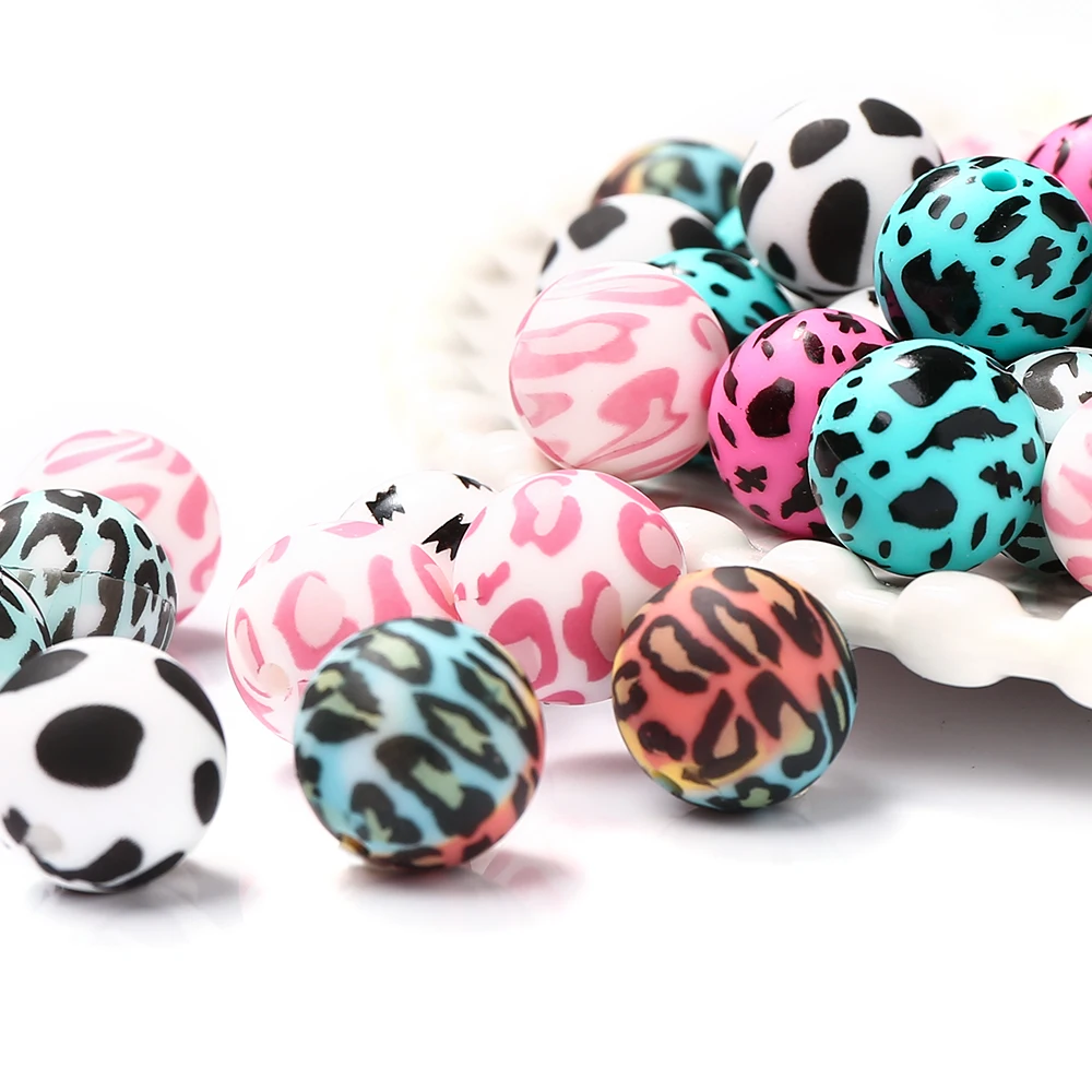 10Pcs Silicone Beads 15mm Colored Round Leopard Print Focal Beads DIY Necklace Bracelet Keychain For Jewelry Making Handmade