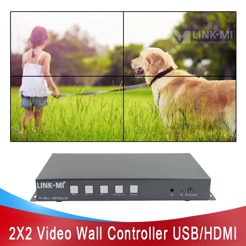 

2x2 Video Wall Controller with USB/HDMI input Support 1x4 1x3 1x2 Edge Shield 180° rotate Mirror 1080P TV Wall Processor