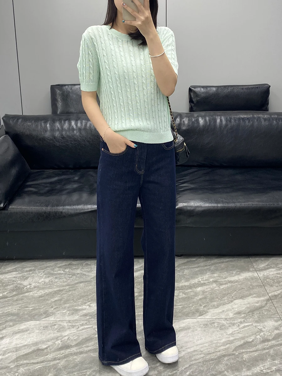 

High Waist Straight Leg Denim Jeans Women's Loose Fit Slimming Wide Leg Long Pants Four-Sided Elastic Dark Wash Resistant Fading