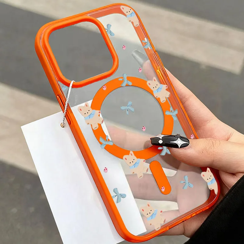 Blue Bow Bear Skin For Magsafe Wireless Charging Phone Case For iPhone 17 16 15 Pro Max 14 Plus 13 12 11 Air Magnetic Case Cover
