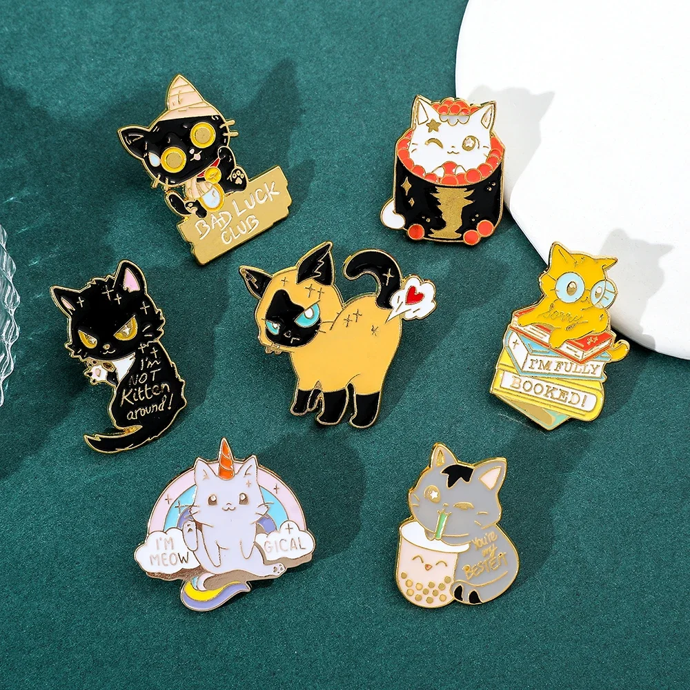 7 Pcs Cartoon Cat Brooch Cute Unicorn Love Animal Enamel Pin Fashion Milk Tea Book Metal Badge Jewelry Backpack Clothing