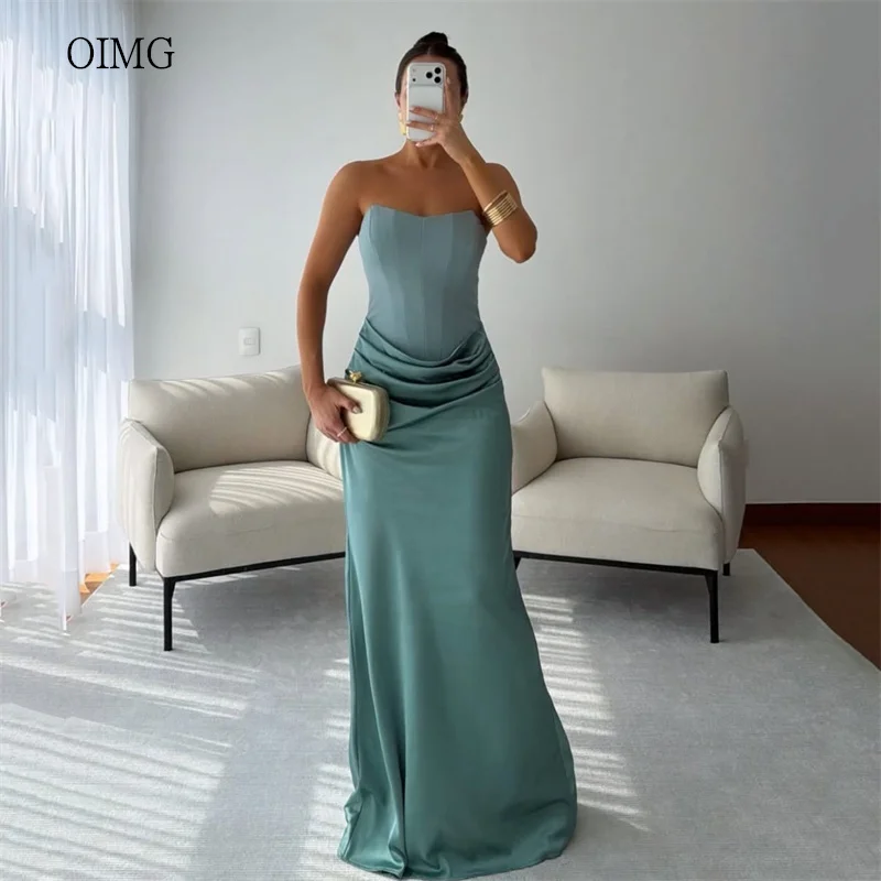 

OIMG Modern Strapless Mermaid Prom Gowns Backless Pleated Party Gown Floor Length Evening Dress vestidos de gala Customized