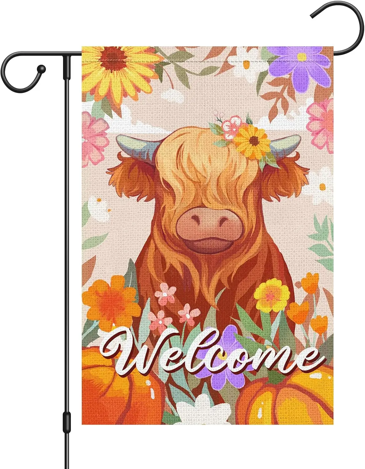 Welcome Fall Garden Flags for Outside, 12x18 Inch Double Sided Burlap Floral Highland Cow Thanksgiving Autumn Garden Flag for Fa