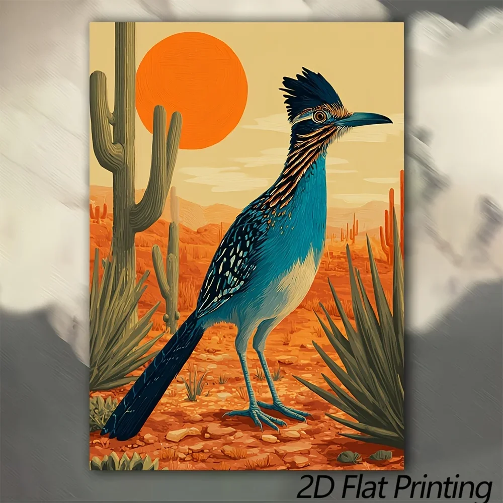 (No frame), 1pc Canvas Painting, Roadrunner in Desert with Cactus Wall Art, Retro Southwestern Print, Bold Colorful De