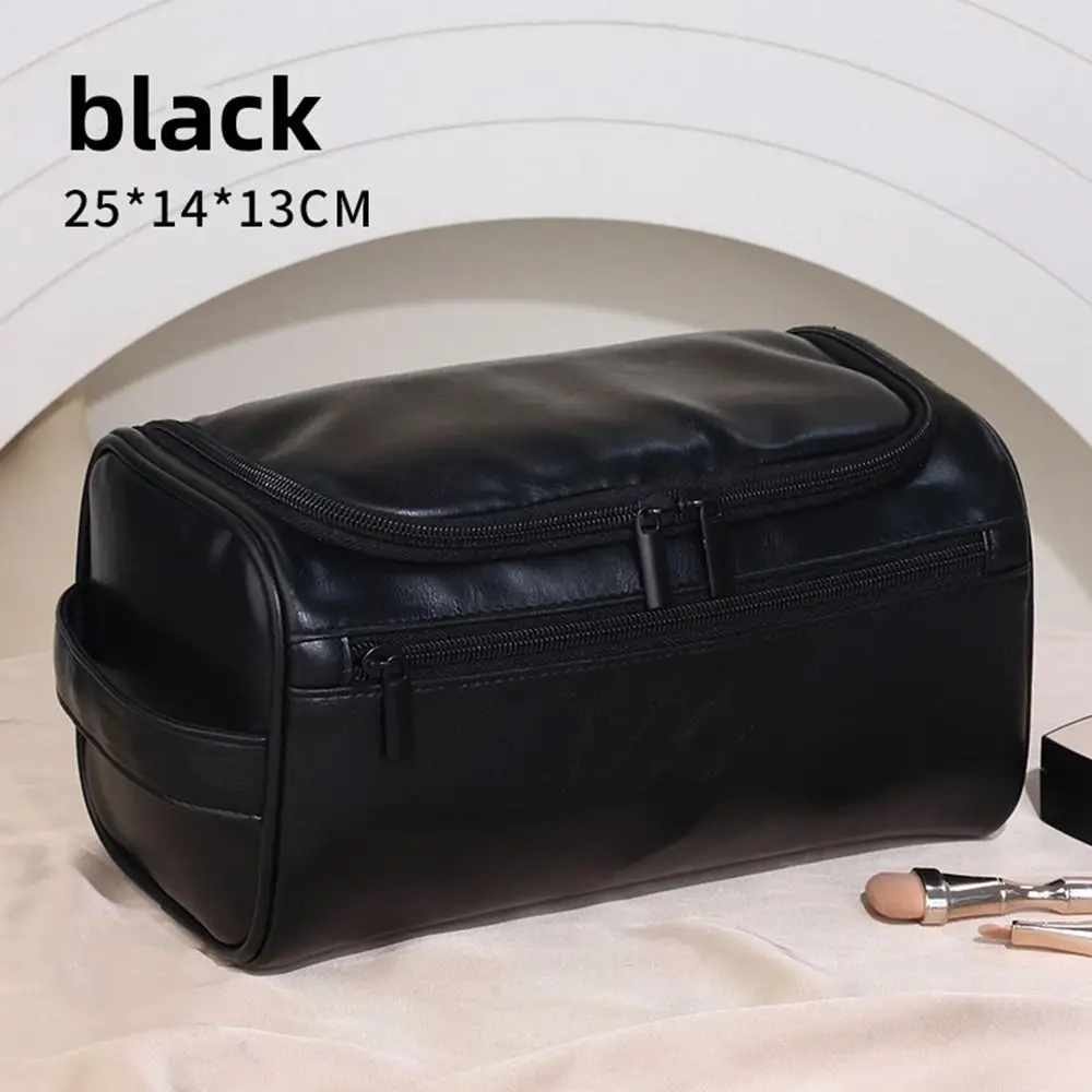 Retro PU Leather Men Toiletry Bag With Handle Waterproof Makeup Bag Large Capacity Handheld Cosmetic Storage Bag Women